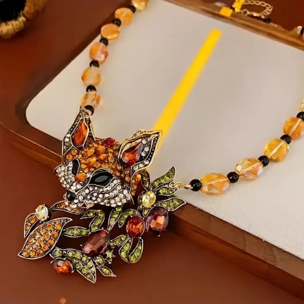 Rhinestone Beaded Signed Fox Pendant Faceted AB Glass Crystal Statement Necklace